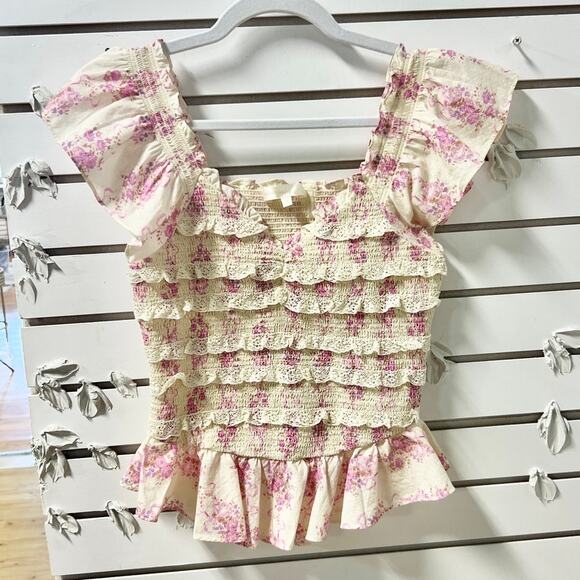 LoveShackFancy Floral Flutter Sleeve Compass Smocked Blouse Top Cream/Lilac S - Picture 3 of 8